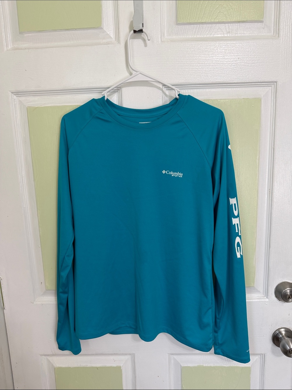 (0000) Columbia Teal Long Sleeve PFG Performance Shirt, Size: Large